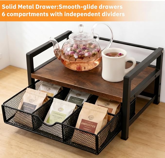 Tea Bag Organizer with 6 Compartments, Extra Large Countertop Tea Holder | Wooden Tea Holder, 6 Compartment Tea Drawer Caddy, Countertop Coffee & Tea Station Organizer for Kitchen & Office - Image 6