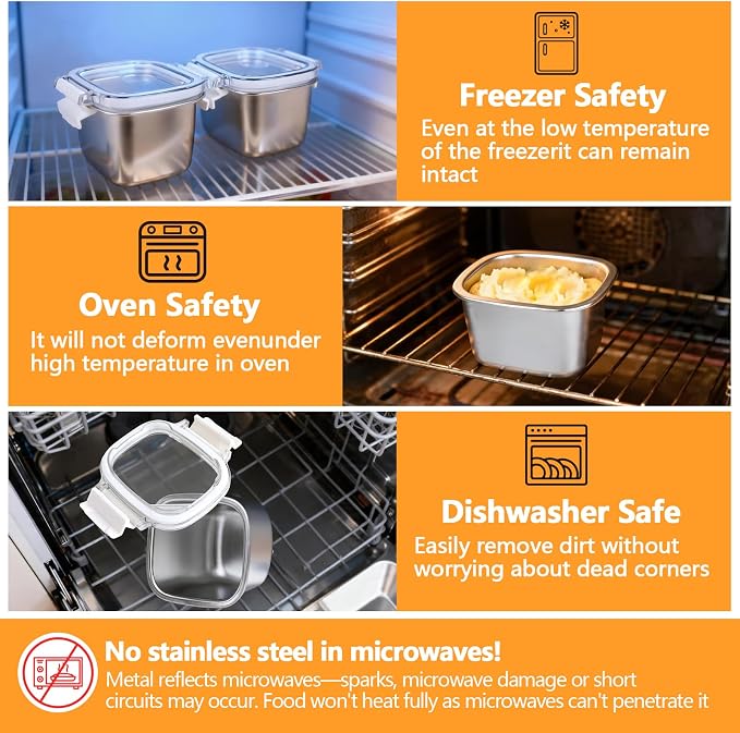 3 Pack Stainless Steel Food Storage Containers with Lids - 15.22 oz Small Snack Boxes & Lunch Containers, Shatterproof Leakproof Freezer Safe Meal Prep Containers for Portioning Snacks, Dips - Image 4