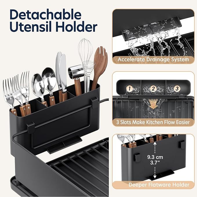 KINGRACK Dish Drying Rack for Kitchen Counter, Dish Drainer with Cup Holder | 16.9"L x 12.4" W Dish Rack with Spacious Drying Capacity, Quick Auto Dish Drainer for Plate Dish Dinnerware, Black - Image 6