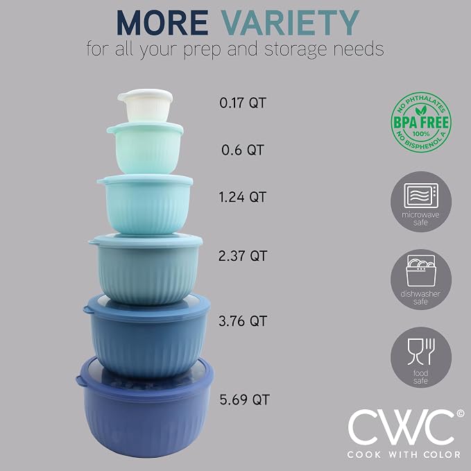 COOK WITH COLOR Prep Bowls with Lids- Wide and Deep Nesting Plastic Small Mixing Bowl Set with Lids, 12 Piece Set - Deep Bowls, Blue - Image 4