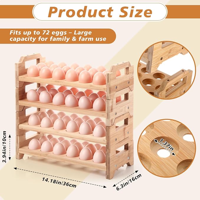 Reallnaive 4 Tier Wooden Egg Holder for Countertop, Bamboo Stackable Fresh Eggs Storage Farmhouse Collecting Rack for Gathering Kitchen Organizer or Easter Egg Display, Stackable with 72 Eggs(Wood) - Image 2