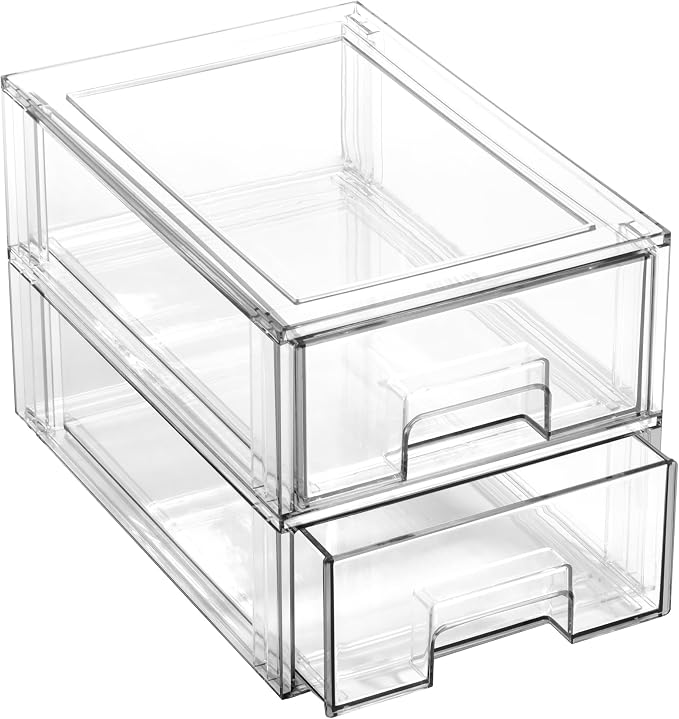 BINO | Stackable Storage Drawers, Small - 2 Pack, Clear | THE CRATE COLLECTION | Storage Bins With Drawers | Bathroom Organizers | Under Sink Organizer | Vanity Cabinet Home Organization by BINO