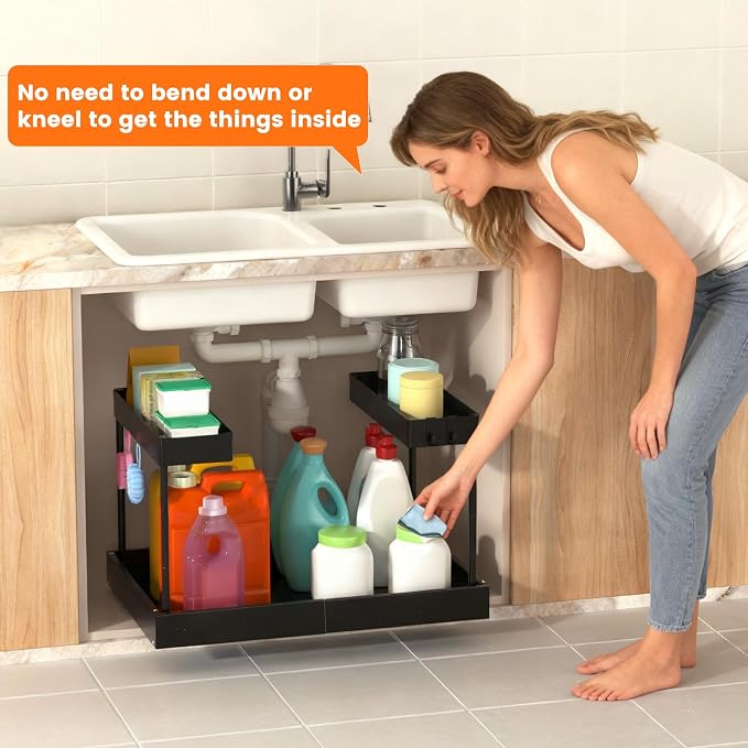 Expandable Under Sink Organizers and Storage,Width Adjustable (14.9-23.6IN),No Drill 2-Tier Pull Out Under Cabinet Organizer for Kitchen Bathroom Laundry (black) - Image 7