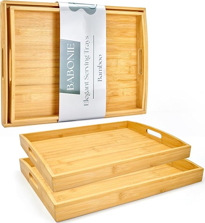 Bamboo Serving Tray Set of 2, Bamboo Trays with Handles | Decorative bamboo serving trays for serving, storage,kitchens, living rooms,bathrooms, outdoor dining 17" × 13" & 16" × 12" by BABONIE