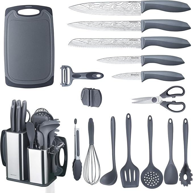 Kitchen Set,18-Piece Cooking Utensils and Kitchen Knife Set,Gray | 7-Piece Kitchen Utensils Heat-resistant to 410°F,5-Piece Sharp Knife,5-Piece Cooking Tools and Cutting Board In One by RAXCO