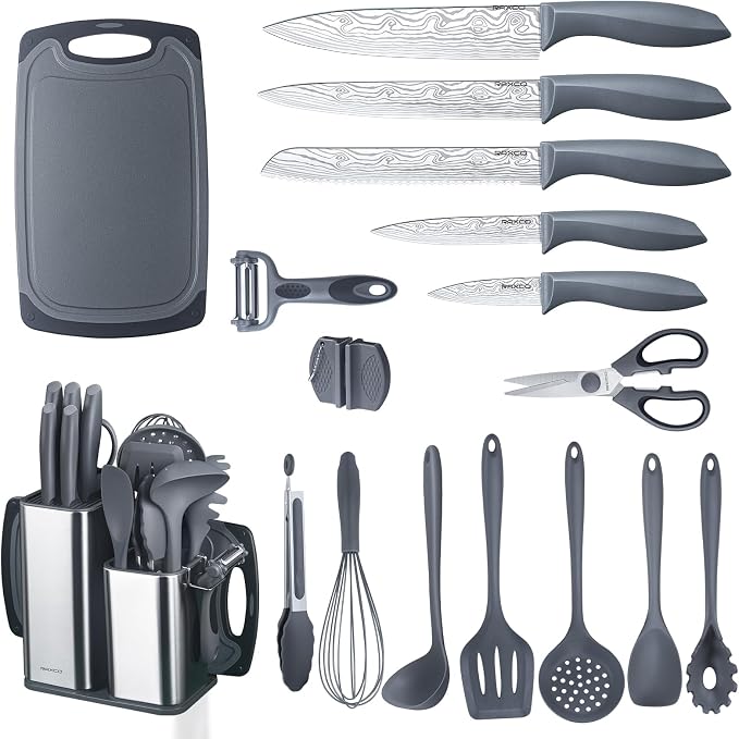 Kitchen Set,18-Piece Cooking Utensils and Kitchen Knife Set,Gray | 7-Piece Kitchen Utensils Heat-resistant to 410°F,5-Piece Sharp Knife,5-Piece Cooking Tools and Cutting Board In One - Image 9