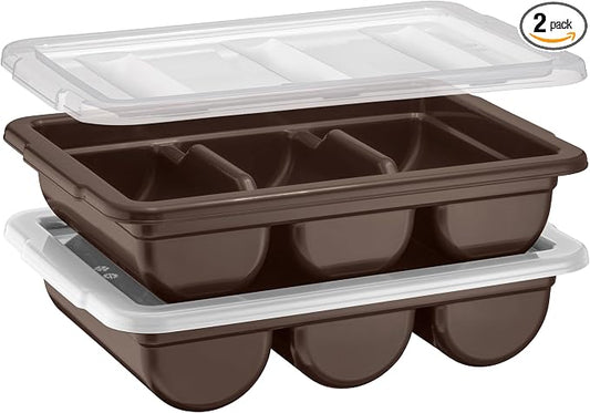 2 Pack - Cutlery Bin with Lid, Commercial 3-Compartment Flatware Tray with Cover, Large Silverware Divided Storage Plastic Container, Restaurant Condiments Holder, Covered Utensil Organizer Box, Brown by Zilpoo