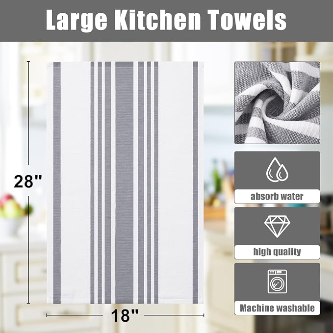 Homaxy Premium Cotton Stripe Kitchen Towels 12 Pack, 18"x 28", Grey | Large 380 GSM Kitchen Hand Towels, Soft Terry Dish Towels, Highly Absorbent Tea Towel Set with Hanging Loop - Image 8
