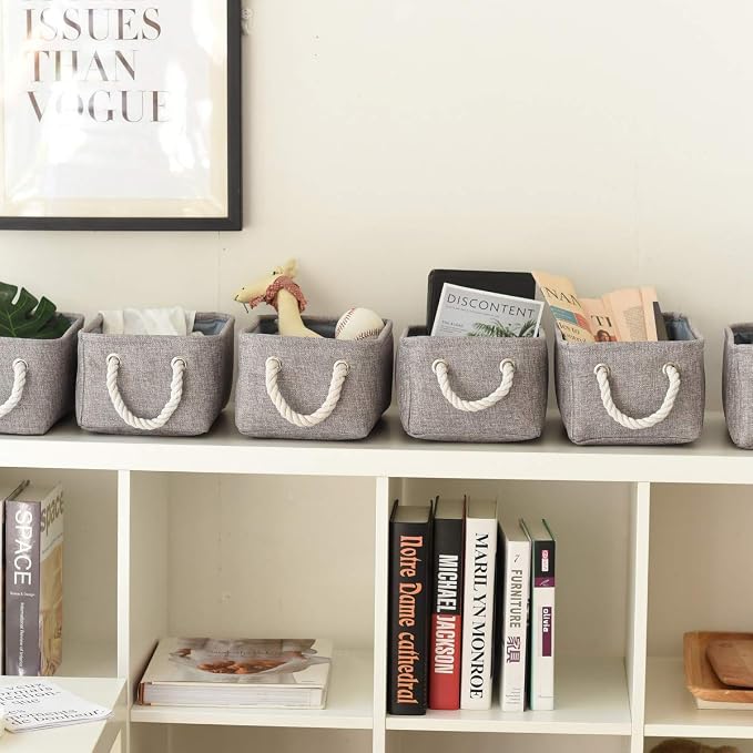 Foldable Small Storage Baskets with Strong Cotton Rope Handles [6-Pack] Gray Collapsible Storage Bins Set Works Room Storage, Nursery Baskets - Image 3