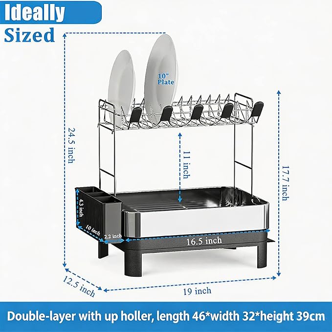 2-Tier Stainless Steel Dish Drying Rack with Drainboard – Large Kitchen Counter Organizer, Includes Utensil, Cup & Cutting Board Holders - Image 3