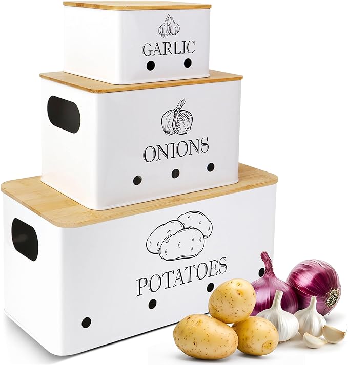 Kitchen Metal Vegetable Storage Bins,Metal Potato Onion Garlic Storage Set of 3 with Aerating Holes and Bamboo Lids,Farmhouse Canisters Sets for the Kitchen Countertop (1, Rectangular) by EQEYBRAND