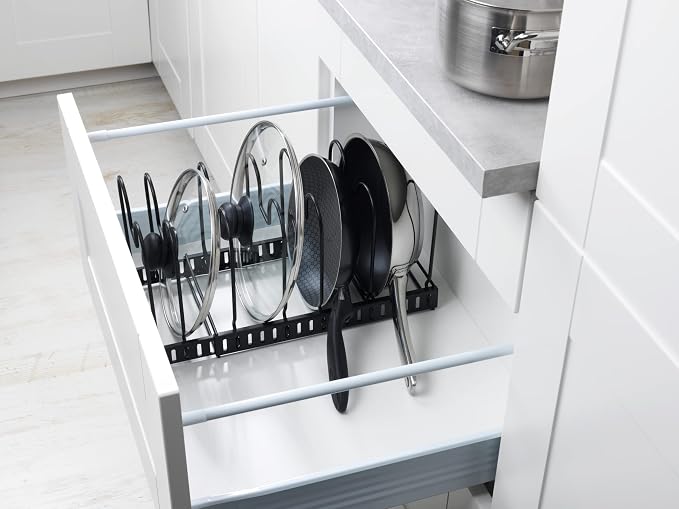 WENKO Pan Storage and Lid Holder, Telescopic Storage for Cupboards with 6 Compartments for Frying Pans and Lids, Cutting Board, Metal, 30-57 x 18 x 18 cm, Black - Image 7