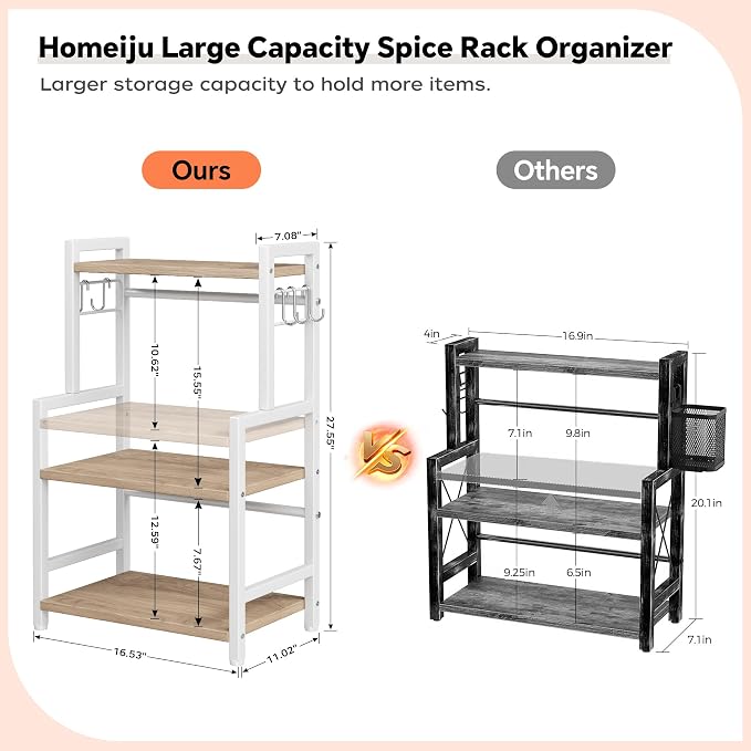 Kitchen Countertop Organizer, 3 Tier Large Spice Rack Organizer with Adjustable Shelf and 5 Hooks, Wooden Counter Organizer, Countertop Shelf Microwave Stand for Kitchen Coffee Bar, Light Coffee - Image 8