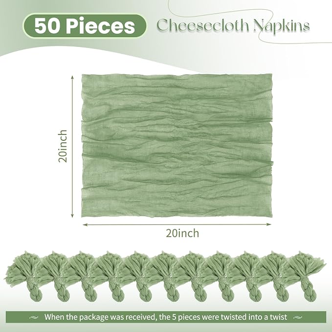 50 Pack Sage Green Napkins 20x20Inch Cheesecloth Napkins | Elegant Cloth Napkins for Table, Washable Rustic Boho Gauze Napkins, for Wedding Party Bridal Baby Shower Dinner Table Decor - Image 2