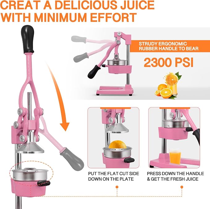 Commercial Heavy Duty Cast Iron Hand Press Manual Orange Citrus Lemon Lime Grapefruit Pomegranate Fruit Juice Squeezer Machine with Stainless Steel Cup Pink - Image 5