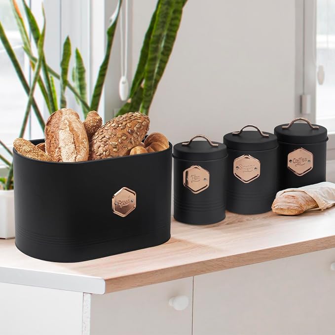 Plexon Bread Box for Kitchen Countertop with 3 Coffee, Tea, Sugar Canisters, Metal 4-Piece Bread Box Set with Lids and Cooper Labels, Black, BBCP4STBK - Image 7