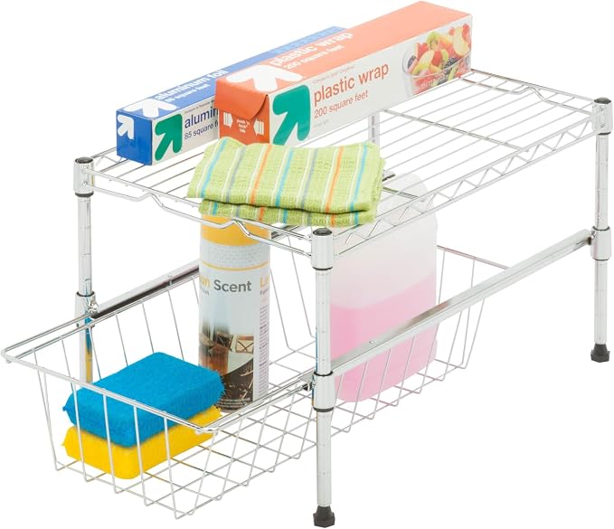 Honey-Can-Do SHF-04058 Adjustable Under Cabinet Organizer with Drawer, Chrome, 17.72L x 11.8W x 10.24H - Image 3