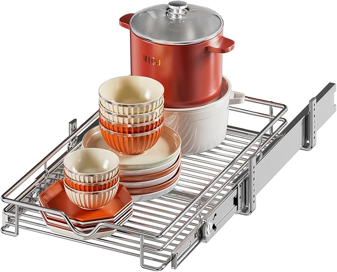 DINDON 1 Tier Pull Out Cabinet Organizer (14" W x 18" D) Heavy-Duty Metal Sliding Drawer Shelf, Slide Out Wire Basket for Kitchen Cabinets, Pantry, Bathroom, Chrome Finish… by DINDON