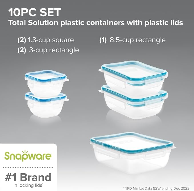 Snapware Plastic Total Solution (5-Pack, Mixed Sizes) Food Storage Set | Meal prep containers with plastic BPA-free lids with 4 locking tabs, microwave, dishwasher, & freezer safe - Image 2
