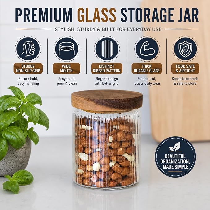 Mason & Fable Ribbed Glass Jar with Wooden Lid 17oz, Set of 3 | Airtight Fluted Storage Canisters for Food, Tea, Coffee, Candy/Spice | Organization Canisters for Home & Kitchen - Image 4