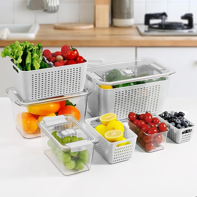 LUXEAR 4 Pack Fruit Vegetable Containers for Fridge, Produce Saver Container with Lids &Removable Colander BPA-free Refrigerator Storage Organizer for Fruit Vegetable, Berry, Meat keep Fresh Longer - Image 6