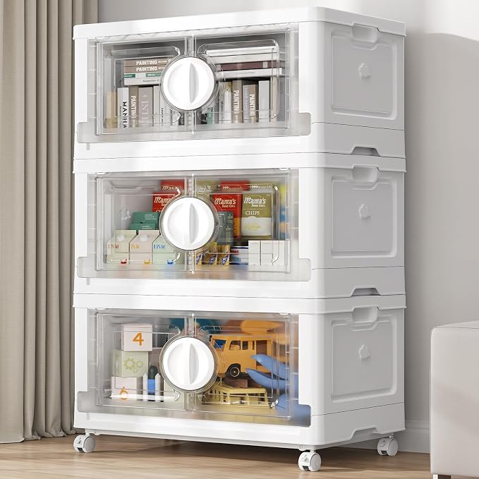 BROVIEW 360Qt Lockable Stackable Storage Bins with Lids, Closet Organizers and Storage Drawer, Collapsible Storage Bin with Wheels, Plastic Cabinet for Toy Clothes Dorm Organizer, V9 3 Pack White by BROVIEW-EnjoytheArtofLife