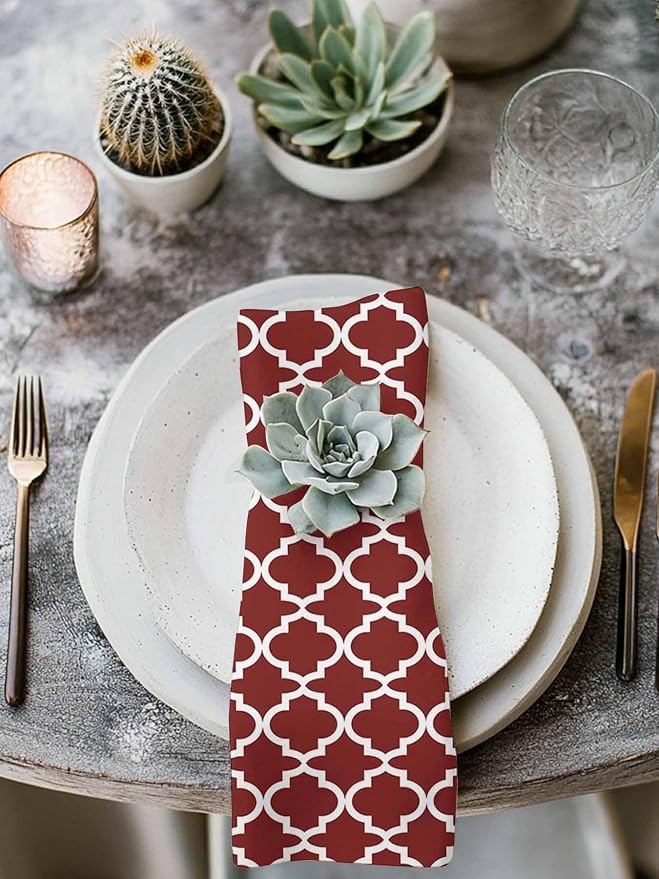 Cloth Napkins Set of 4-20x20 Inches, Red Moroccon Washable Reusable Table Napkins, Vintage Farmhouse Minimalist Motifs Art Soft & Absortbent Dining Napkin for Party Wedding Hotel Restaurant - Image 3