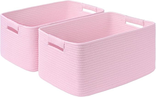 2 Pack Large Storage Basket for Organizing, 17.5"x13"x7" Woven Basket for Shelves, Closet Cube Storage Bins with Wrapped Handle, Cotton Rope Baskets for Kitchen, Clothes, Toys(Light Pink) by Degeyoyo