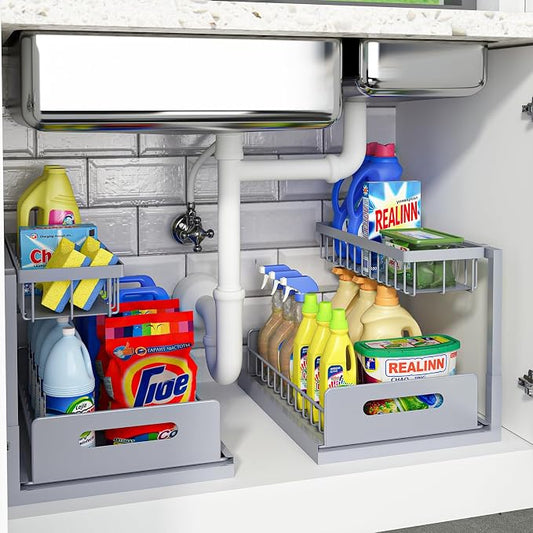 Under Sink Organizer, L-Shaped 2 Tier Pull Out Cabinet Organizer | For Kitchen and Bathroom, Slide Out Under Cabinet Storage, Metal Under Sink Storage with Sliding Drawer, 50 lbs, Grey 2 Pack by REALINN