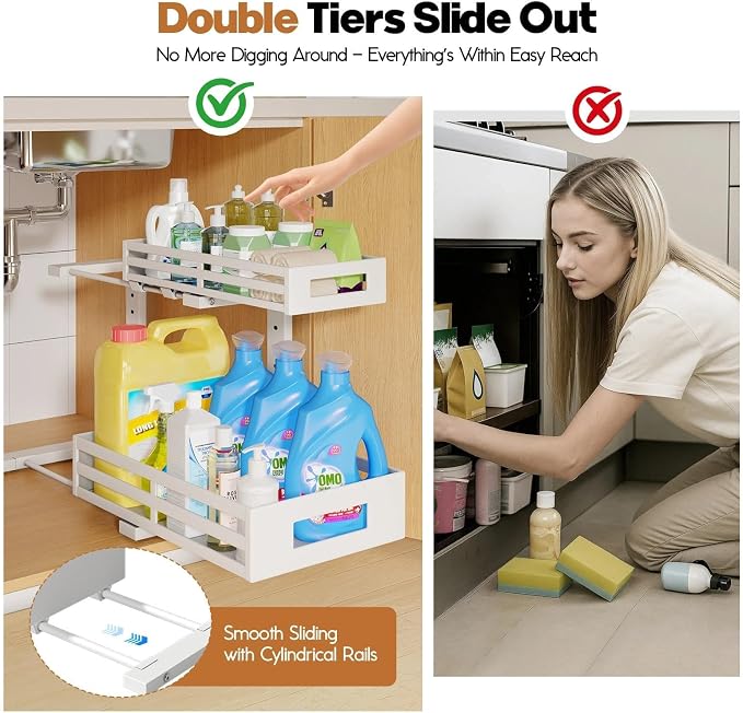 L-Shaped Metal Under Sink Organizer, 2-Tier Double Pull-Out Cabinet Organizer for Kitchen & Bathroom Storage, Height Adjustable, Smooth Cylinder Rail, White, 2 Packs - Image 3