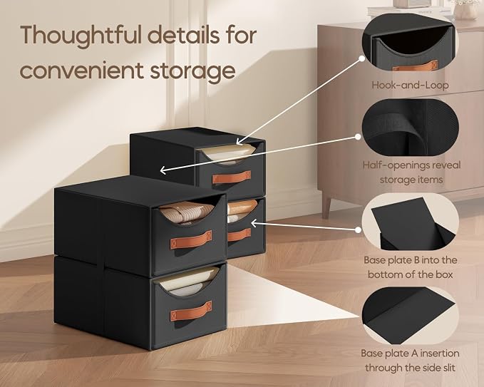 Stackable Storage Drawers - Collapsible Storage Bins with Drawers, 4 Pack Closet Shelf Organizer Basket, Fabric Pull Out Organizer for Bedroom, Living Room, Dorm, Black - Image 6