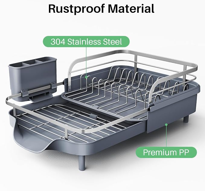 SNTD Expandable Dish Drying Rack for Kitchen Counter, 15.2-22.1 in, Gray | Rust-Resistant Stainless Steel, Protective Side Rails, Self-Draining Drainboard, Removable Utensil Holder - Image 4