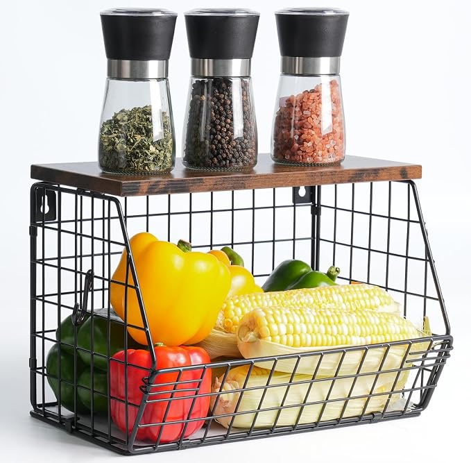Wawocs Fruit Basket for Kitchen Counter, Fruit Bowl Stackable Wall Mounted Hanging Fruit Basket Wire Basket with Wood Lid with Banana Hanger Hooks, Onion,Potato,Fruit and Vegetable Storage by Wawocs