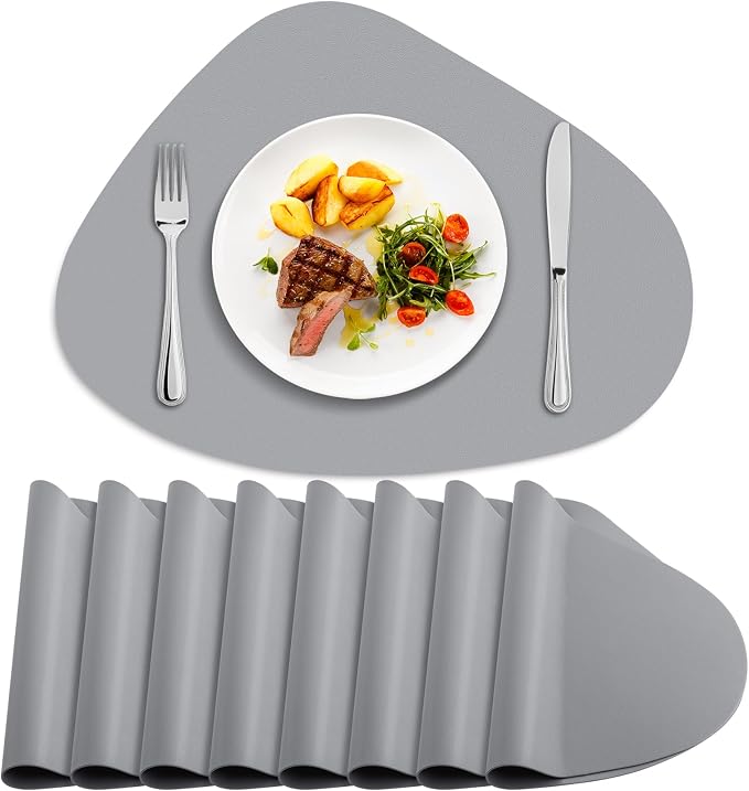 Faux Leather Placemats Set of 8, Wipeable & Washable Table Mats | Waterproof, Heat-Resistant & Easy to Clean Round Place Mats for Dining & Kitchen, 17''x13'', Grey by Delicateandelegantplacemats