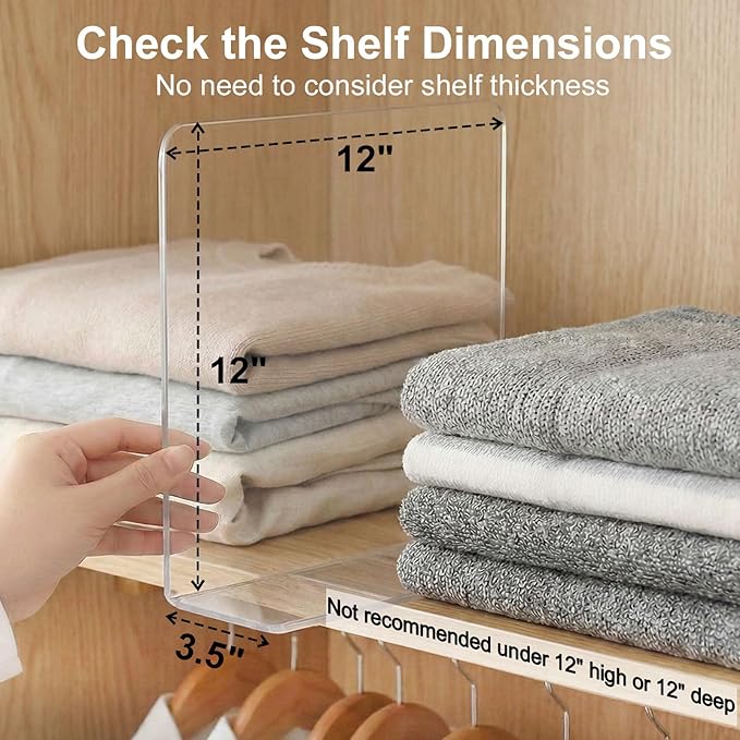 SortNStore Shelf Dividers Closet Organization: 12" Tall x 12" Deep (Taller) | Adhesive Separators Features Acrylic Material and LargeHandbags, Totes, Clothes, Towels in Bedroom Cabinets 8-Pack - Image 2