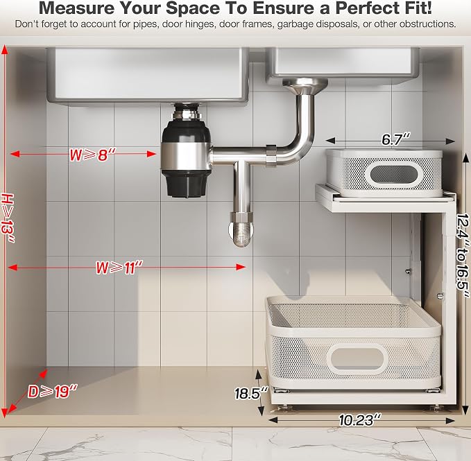 2 Pack 18.5IN-Depth Under Sink Organizer With Next-Gen Ball-Bearing Slides,2-Tier Precision Mesh Pull Out Cabinet Storage for Bathroom&Kitchen,Height Adjustable Drawers Shelf,Anti-rust-White - Image 2