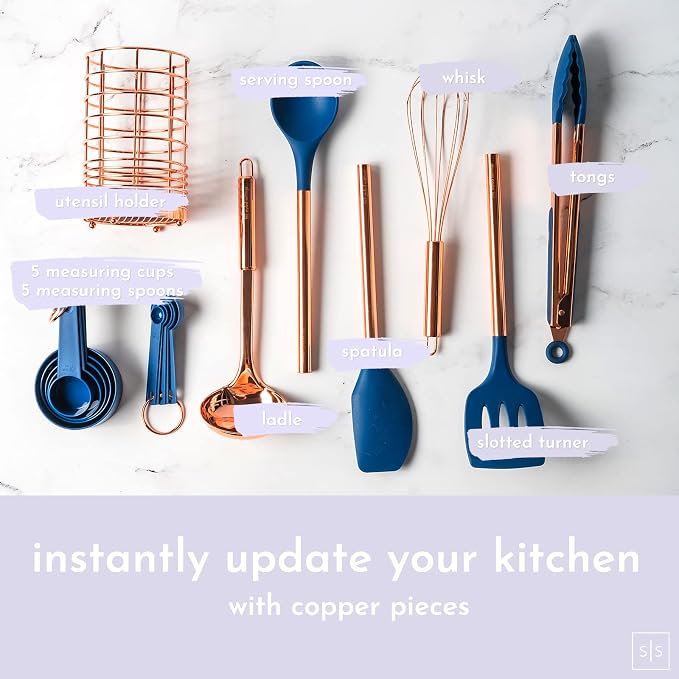 Styled Settings Copper and Blue Silicone Cooking Utensils Set, 17-Piece | Utensils Set with Copper Utensil Holder and Measuring Cups and Spoons for Stylish Cooking and Baking - Image 3