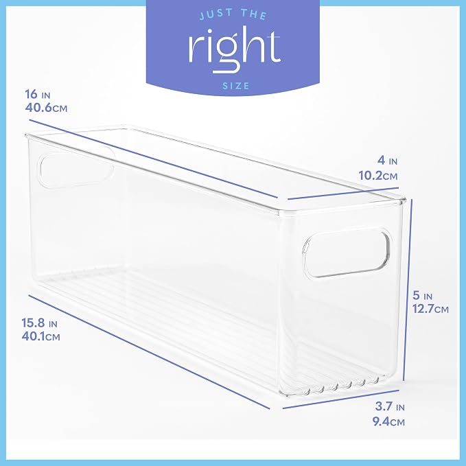 Plastic Food Storage 4 Pack Clear Container Bin with Handles for Organizing Kitchen, Pantry, Fridge, Freezer, Pantry,Bathroom. 16"x4"x5" - Image 3