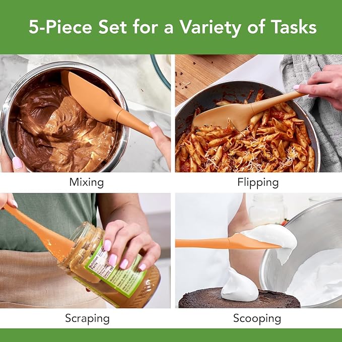 Tovolo Flex Core 5 Piece Silicone Spatula Set Heat Resistant All Silicone Utensils Include Non Stick Spatula Spoonula Jar Scraper, Dishwasher Safe BPA Free Spatulas for Baking Mixing, Apricot Orange - Image 2