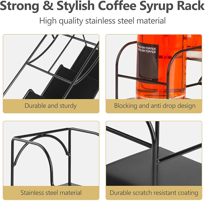 Syrup Rack for Coffee Bar Accessories, Iron 4 Compartment Bottle Organizer, Countertop Display Storage Shelf Bottle Stand, Metal Coffee Bar Organizer for Wine, Kitchen, Holds 4 Bottles - Image 4