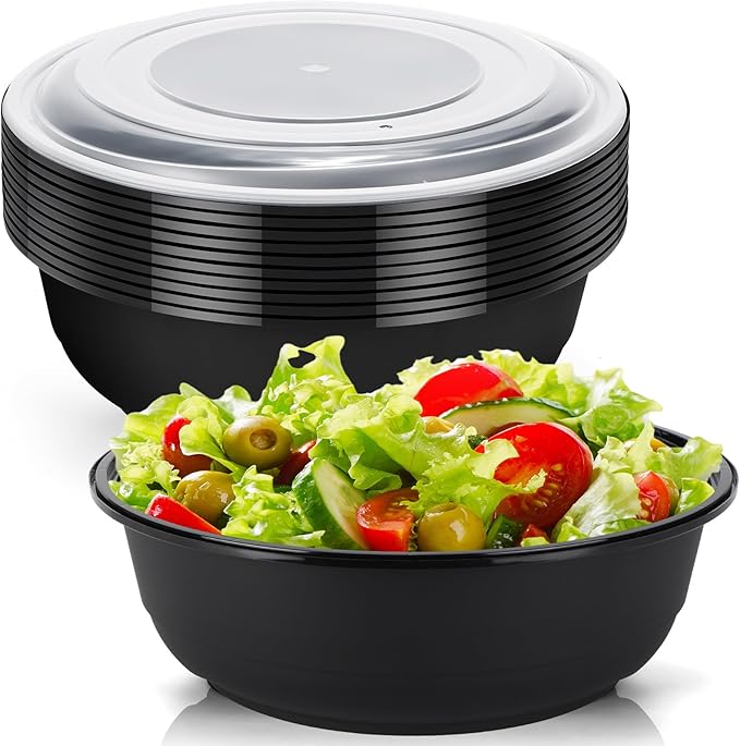 10 Pack 135 oz Large Plastic Serving Bowls with Lids Round Extra Large Disposable Salad Bowls Containers Chip Candy Dish for Salads and Snacks Party Picnic Buffet Eating(Black) by Newtay
