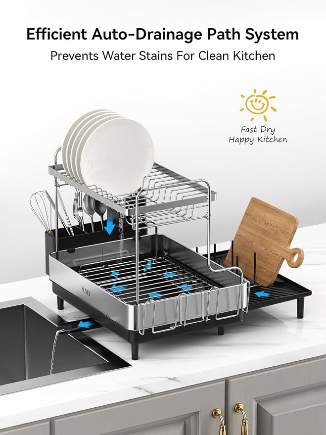 2 Tier Dish Drying Rack, Extra Large Dish Rack, Expandable Dish Racks for Kitchen Counter, Multifunctional Large Dish Drainers for Kitchen Counter, Black - Image 5