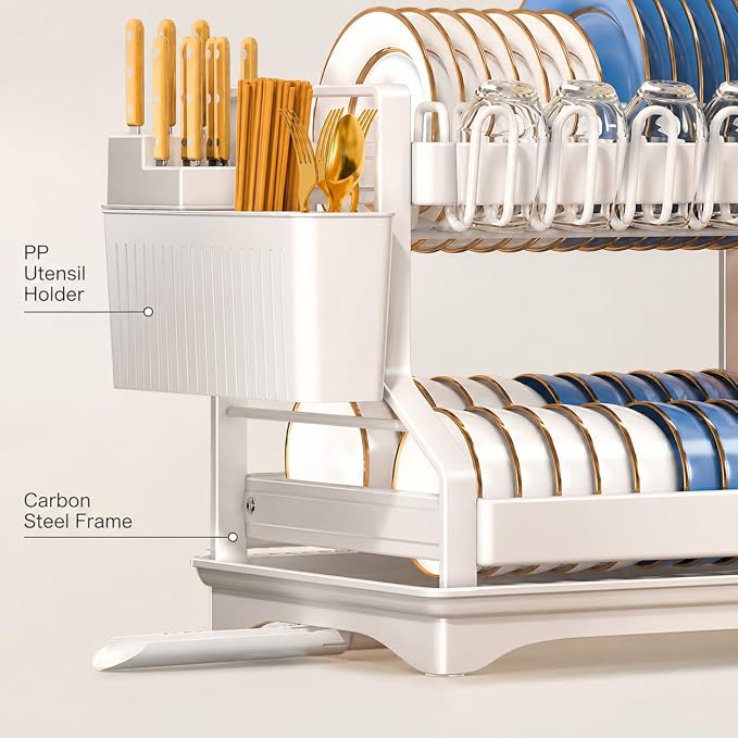 Fandian Dish Drying Rack 2 Tier White Dish Racks for Kitchen Counter and Sink, Large Dish Drying Rack with Drainboard & Utensil Holders Stainless Steel Dish Drainers Kitchen Organization and Storage - Image 3