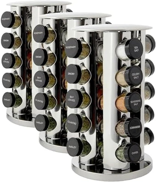 Kamenstein Revolving Countertop Spice Rack with Spices Included, FREE Spice Refills for 5 Years, Polished Stainless Steel with Black Caps, 30020, 20 Jar (Pack of 3) by Kamenstein