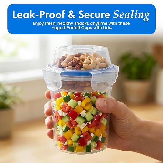 480ml Airtight Cereal Storage Container with Separate Topping Cup Leak-Resistant Clip-Lock Lid Stackable Snack & Yogurt Cup for On-the-Go Breakfast Travel School Office & Daily Use, Set of 4 - Image 4