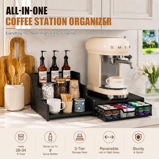 Coffee Station Organizer, 28-Pod K-Cup Holder, Coffee Bar Organizer Black | Coffee Pod Holder Drawer for Countertop,3-Tier Coffee Pod Organizer Stores Pods, Syrups, Cups & Coffee Accessories - Image 3