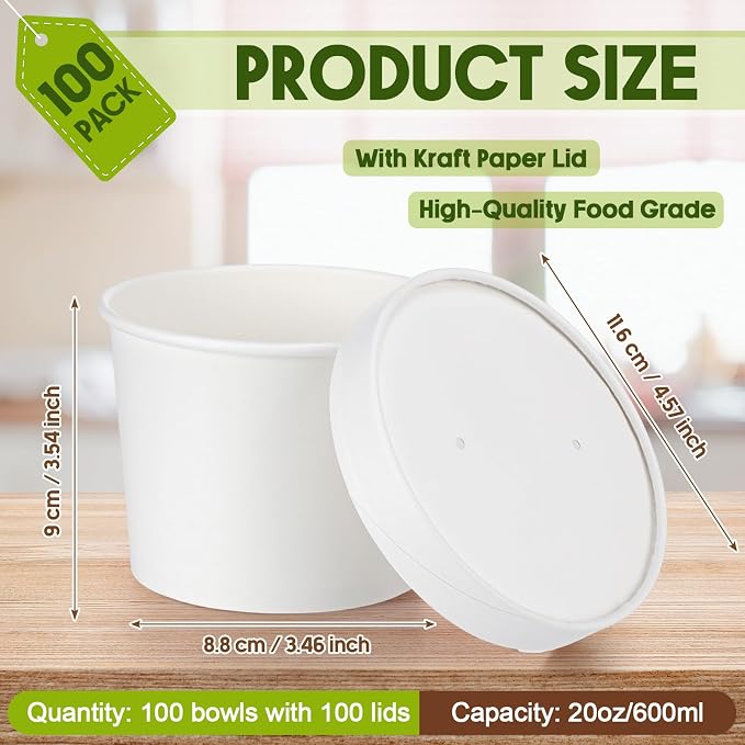 Fulmoon 100 Pack Paper Soup Containers with Lids Disposable Paper Food Containers with Vented Lid Kraft Ice Cream Cake Dessert Cups Soup Bowl for Party Hot Food Fruit Microwave(20 oz,White) - Image 2