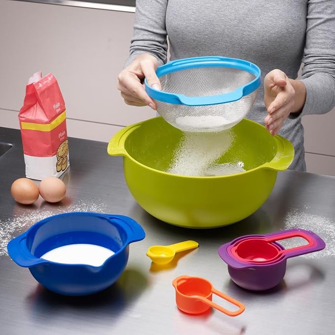 Joseph Joseph Nest 9 Plus, 9 Piece Compact Food Preparation Set with Mixing Bowls, Measuring cups, Sieve and Colander, MultiColor - Image 5
