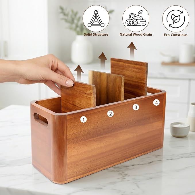 Kitchen Utensil Holder for Counter and Countertop, Acacia Utensil Organizer with 3 Pcs Wooden Spoon Set, Large Drying Holder for Kitchen, 4-Compartment Storage for Cooking Utensils, Kitchen Decor - Image 8