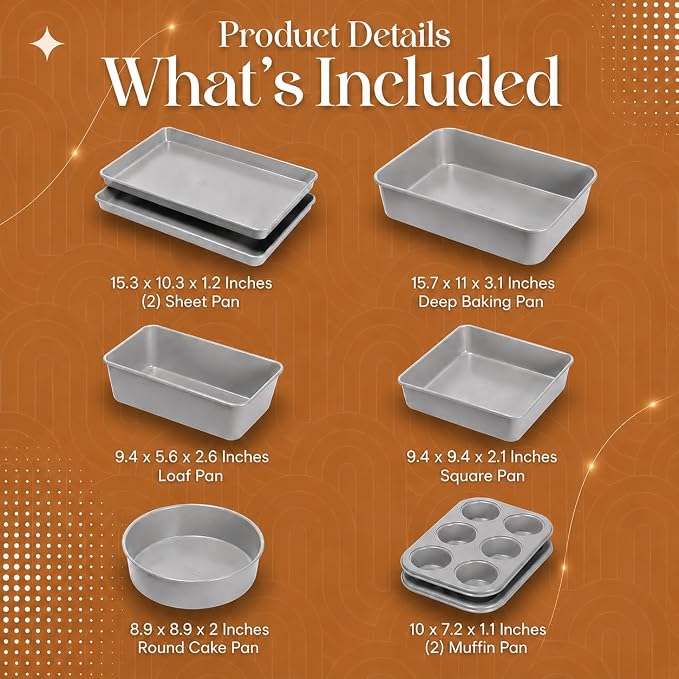 Nonstick Bakeware Set 8 Piece - Stackable Baking Pan Set, Oven safe 450°F, Carbon Steel Baking Set with Muffin, Loaf, Cookie Sheets & Roaster, Easy Storage, BPA-Free (Gray) - Image 7